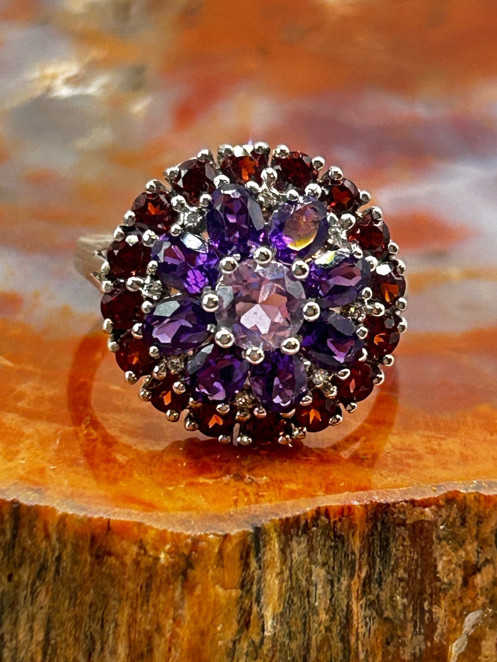 Sterling Silver Cluster Ring with Amethyst and Garnet - Size 7